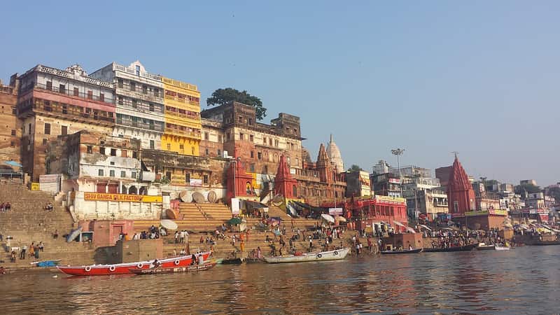 Dignified stone steps of Ahilyabai Ghat leading down to the Ganga