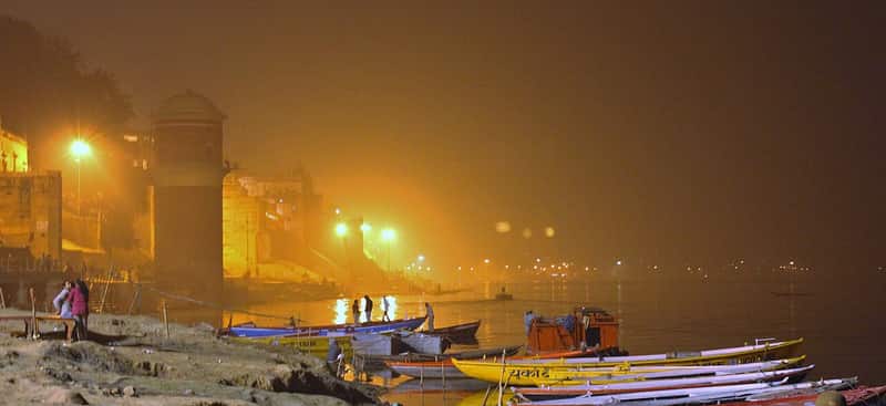 Moored boats lining the bank at Bhadaini