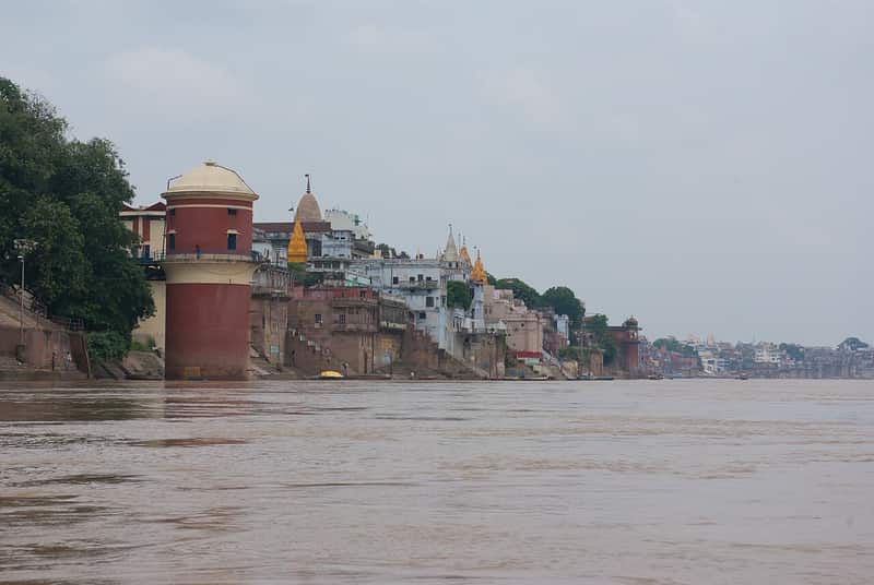 Wide Ganga channel and sandbank seen from Bhadaini