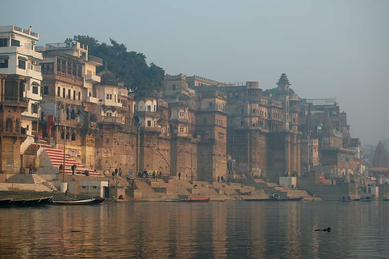 The wide steps of Ganga Mahal Ghat reaching the water