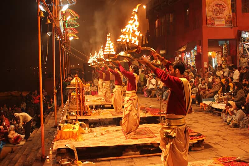 Devotees gathered in prayer at the Hanuman temple