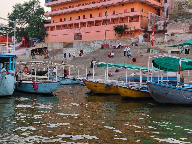 The Ganga flowing past Hanuman Ghat at sunrise