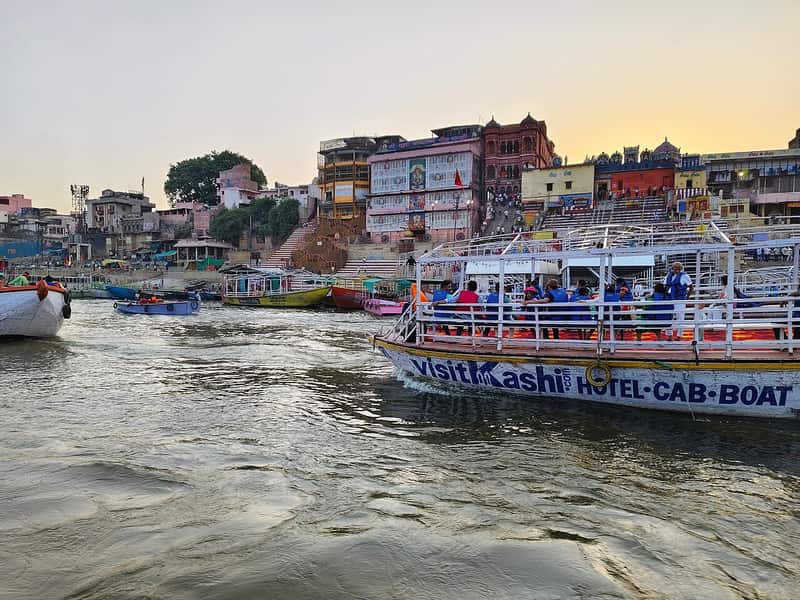 The stone steps of Kedar Ghat rising from the Ganga