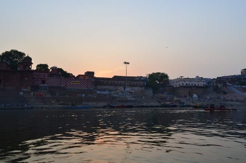 Mahanirvani Ghat with its broad steps and akhara buildings from the Ganga