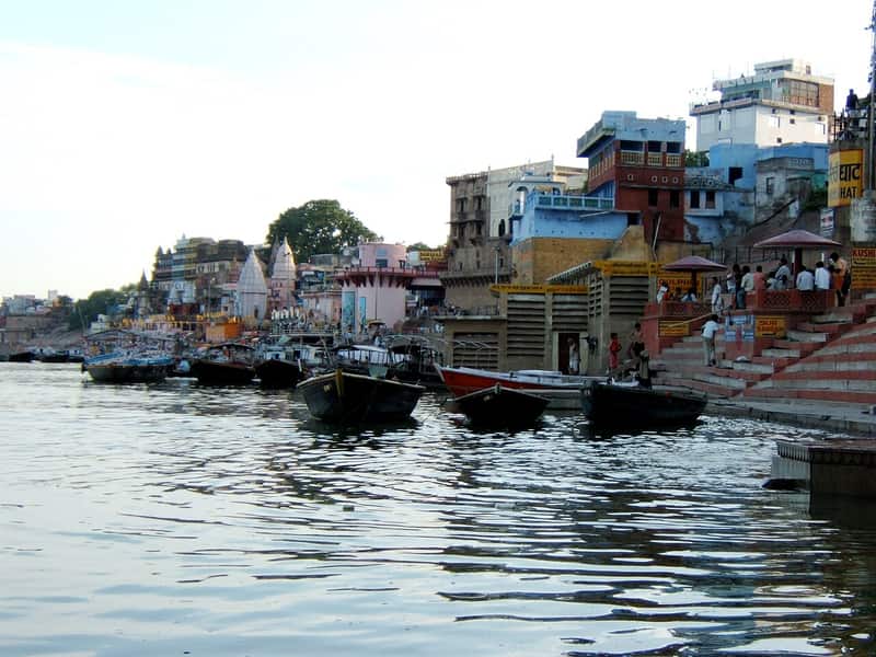 The Dashashwamedh Ganga Aarti seen from the Man Mandir rooftop at dusk