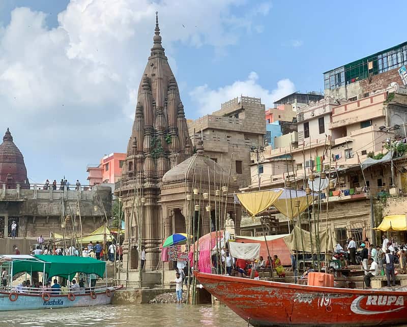 Manikarnika Ghat seen from a boat on the Ganga