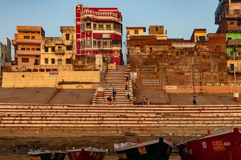 Wide view of the Ganga from the steps of the ghat