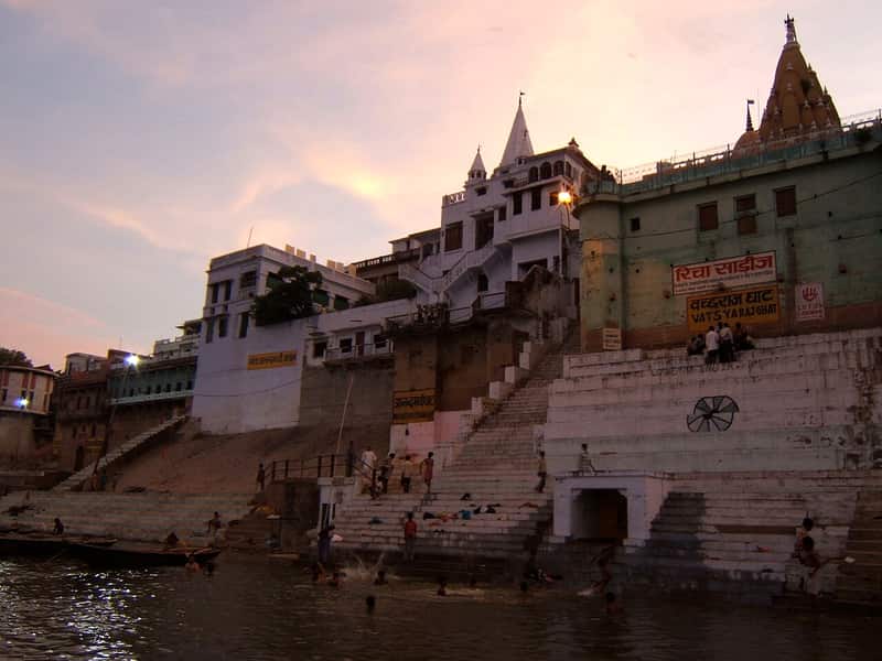 Devotees gathered at the ghat for a festival celebration