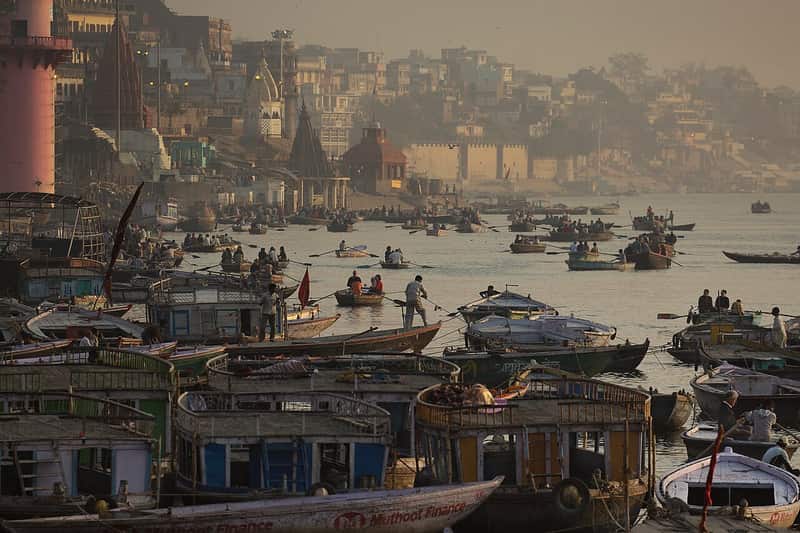 A boat approaching the steps of Mir Ghat from the river