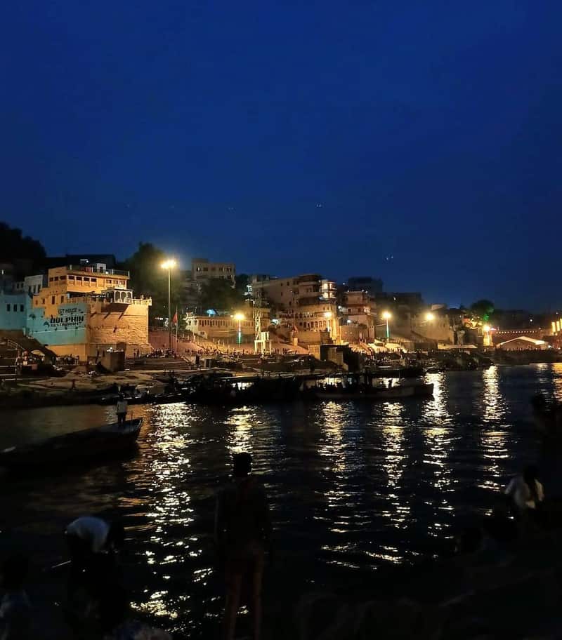 Broad modern steps of Namo Ghat on the Ganga in Varanasi