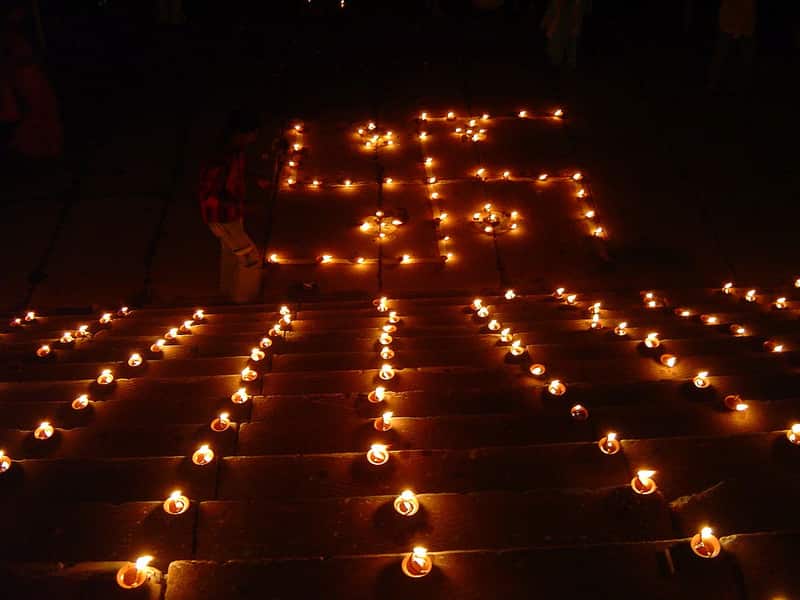 The broad stone steps and structures of the historic ghat