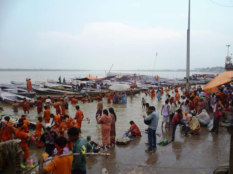 The neighbouring ghats of Niranjani and Lalita seen from the water
