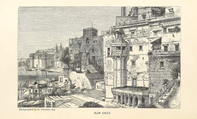Morning bathers descending the steps of Rama Ghat into the Ganga