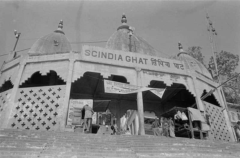 Scindia Ghat and the leaning temple from the Ganga