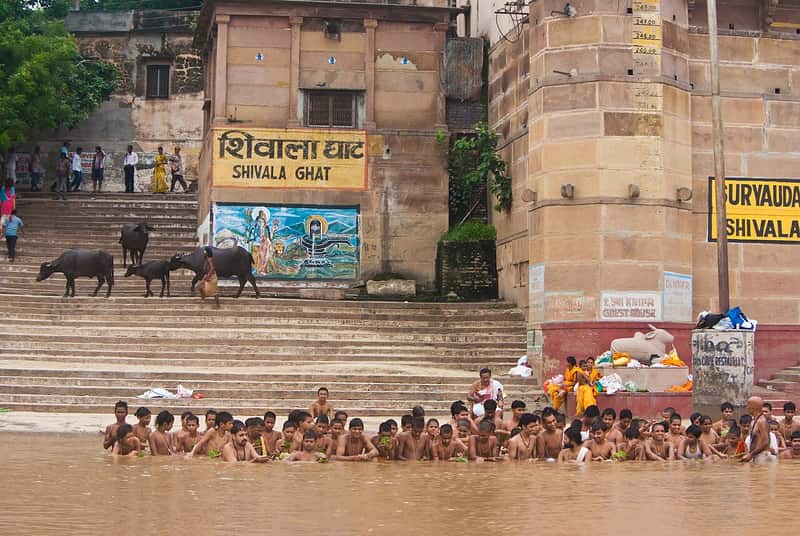 Colourful wooden boats moored on the Ganga below Shivala Ghat