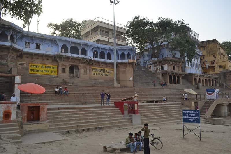 The broad stone steps of Tulsi Ghat with the Ganga in front