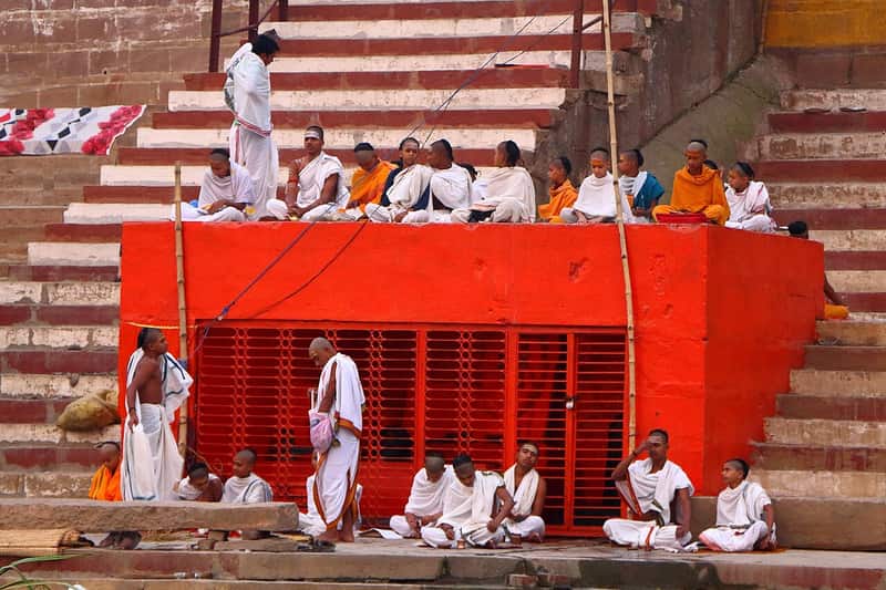 The wide stone steps of Vijayanagaram Ghat from the river