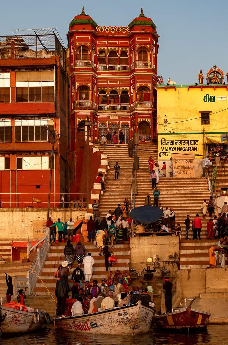 The palace-style frontage of Vijayanagaram Ghat seen from the steps